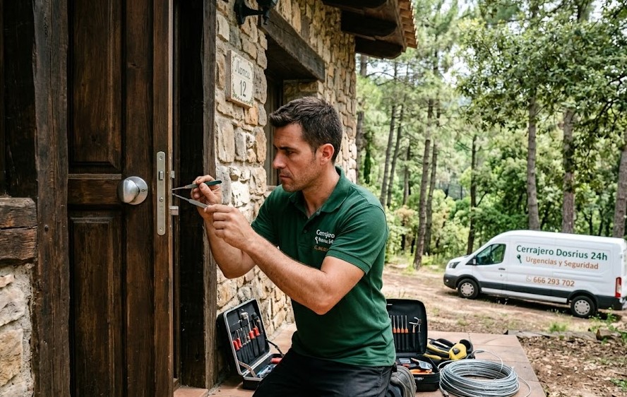 Cerrajero instalando cerradura de seguridad en chalet de Dosrius